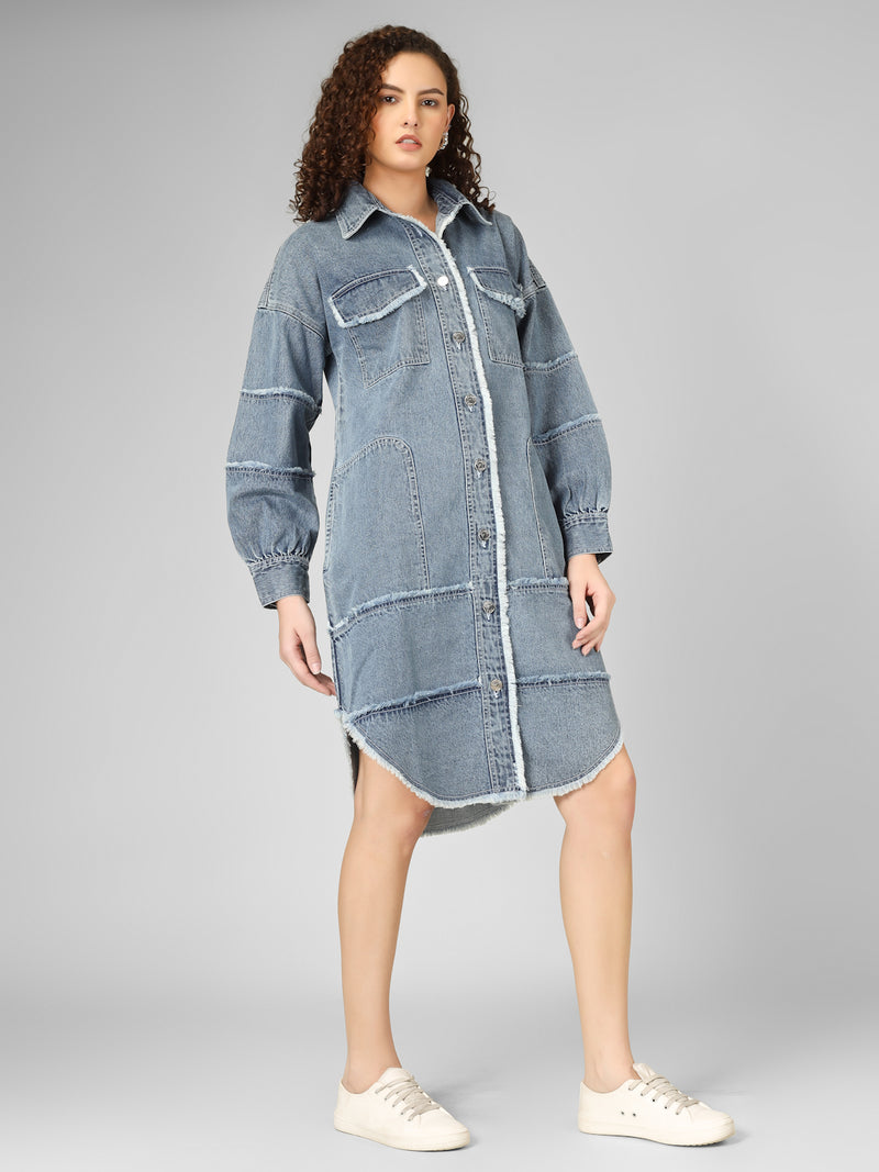 Patchwork Denim Fringed Shirt Dress Women