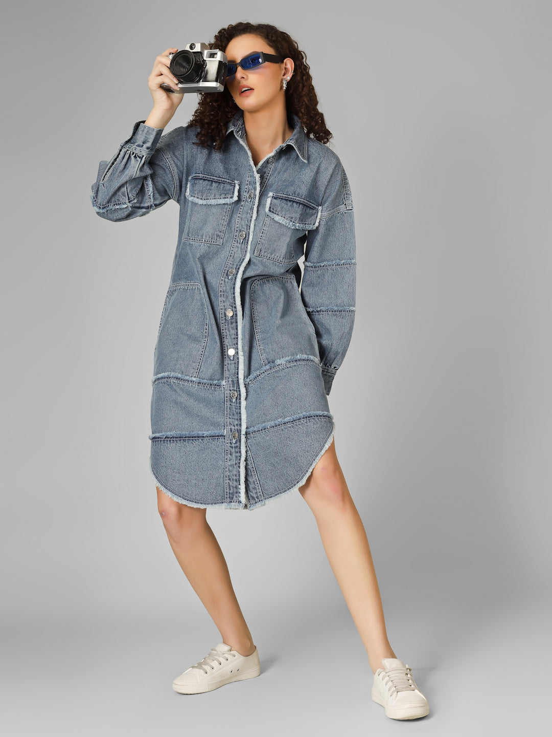 Patchwork Denim Fringed Shirt Dress