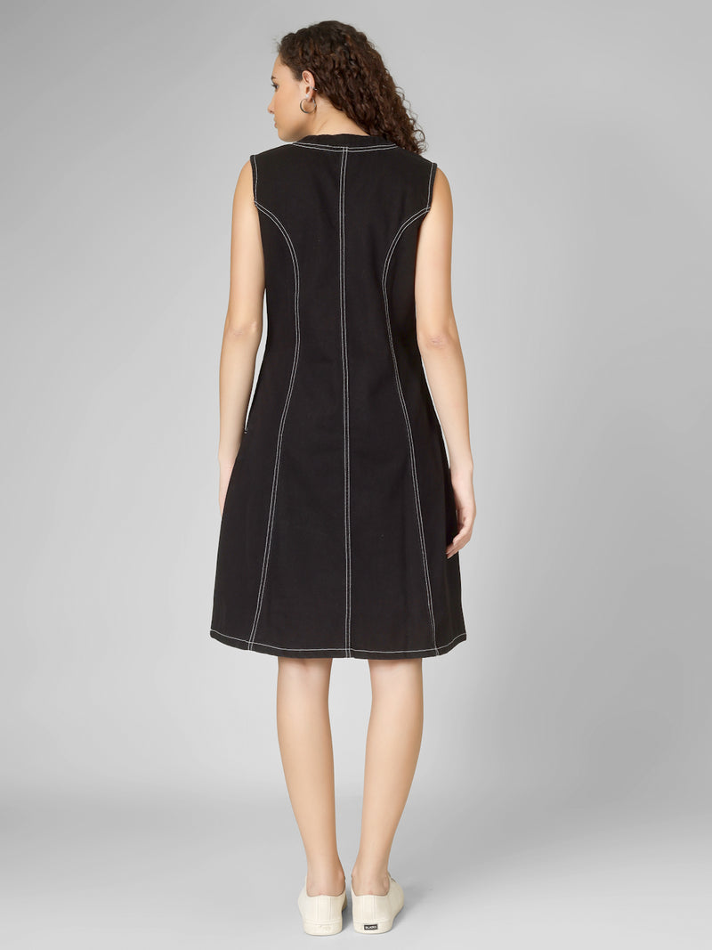 Black Denim A Line Contrast Stitching Dress Women