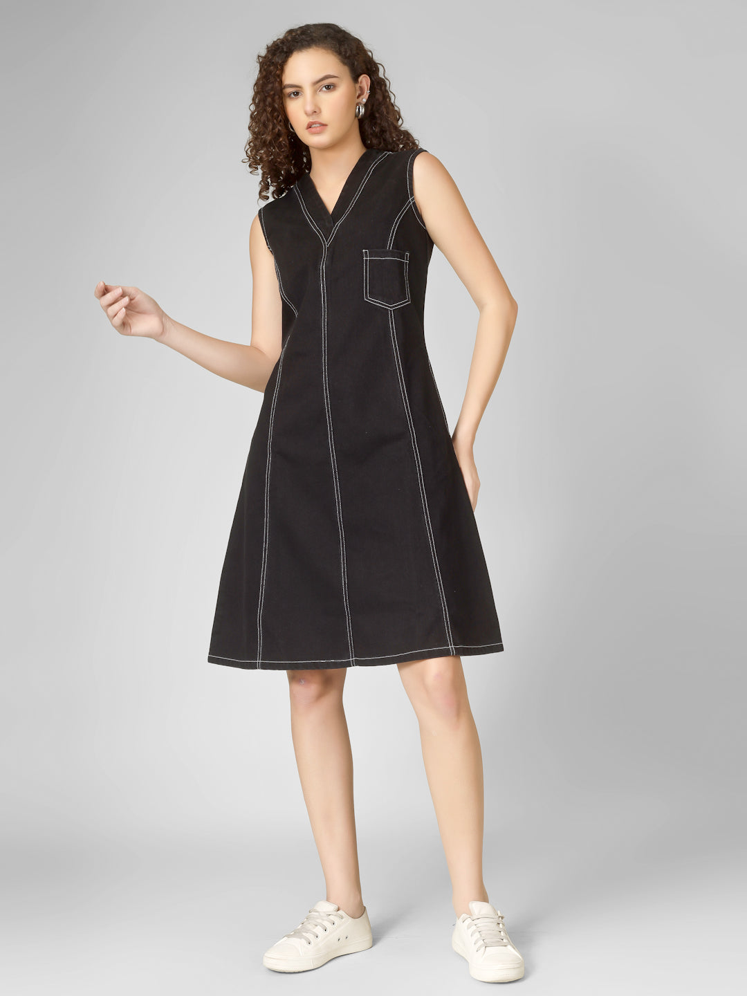 Black Denim A-Line Dress with Contrast Stitching