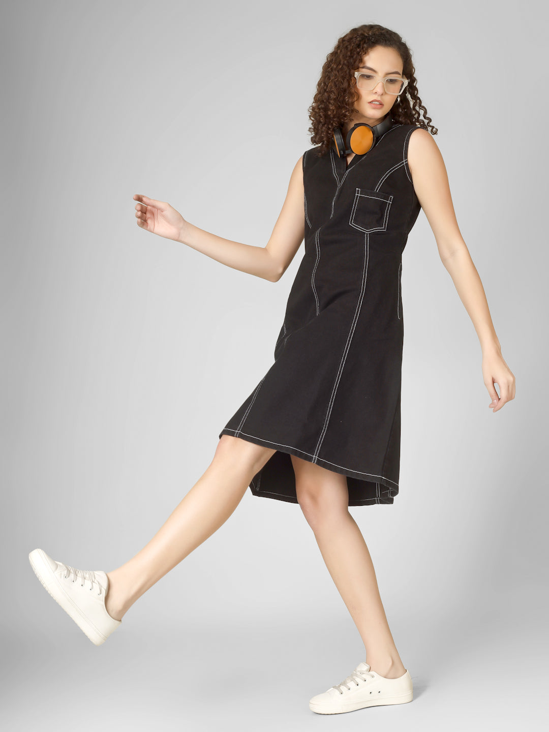 Black Denim A-Line Dress with Contrast Stitching