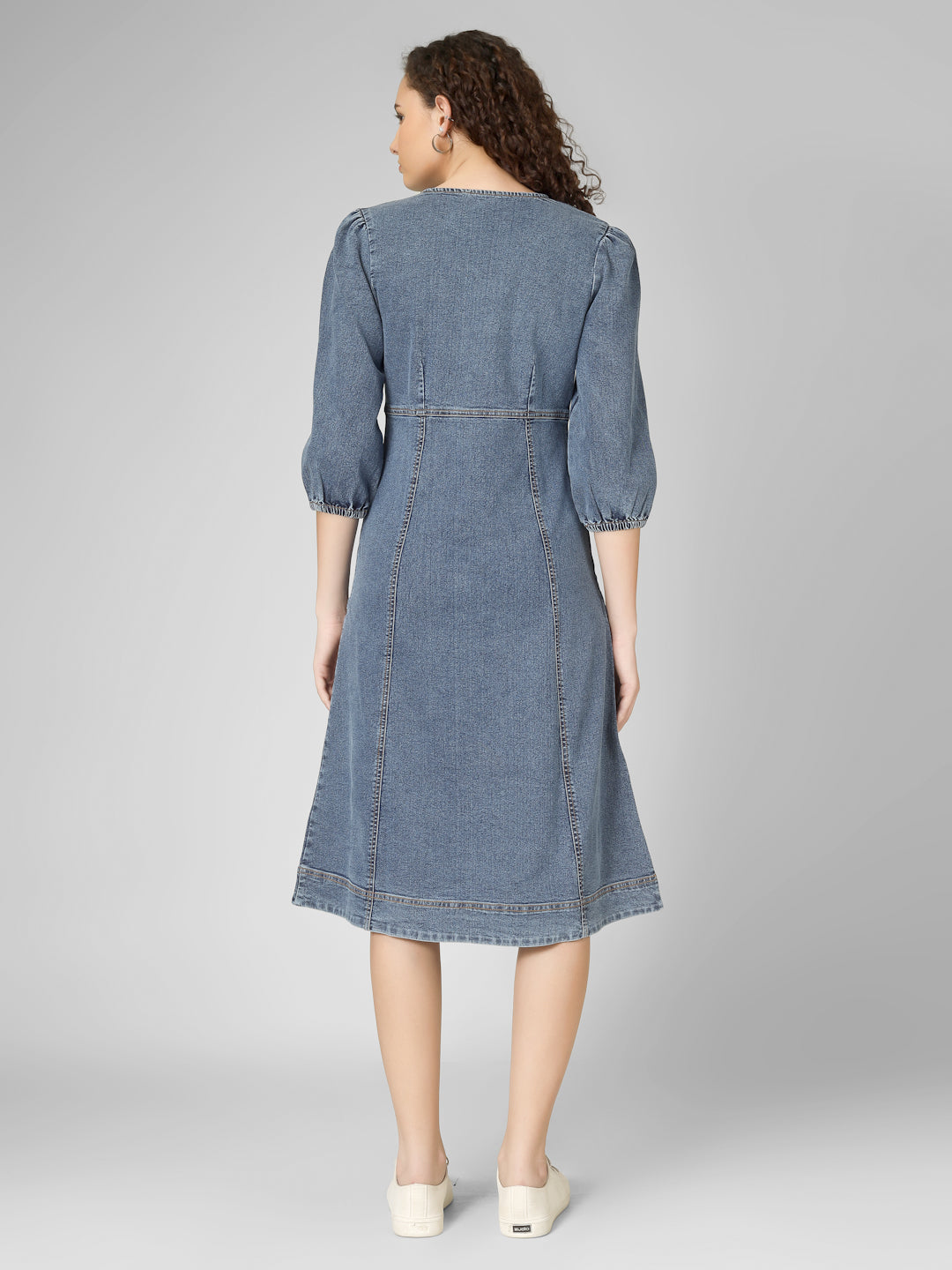 Classic Blue Denim Midi Dress with Front Buttons