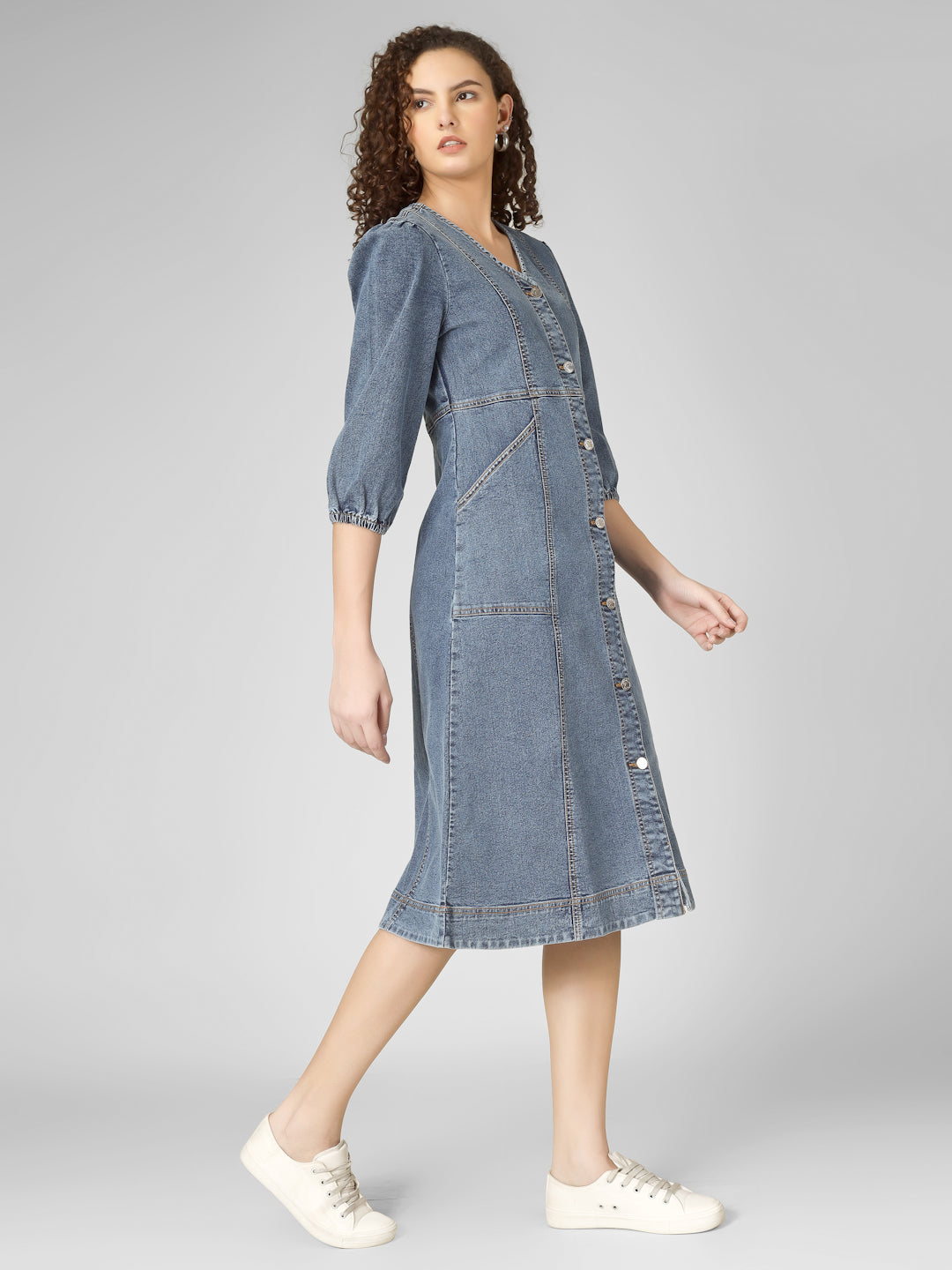 Classic Blue Denim Midi Dress with Front Buttons
