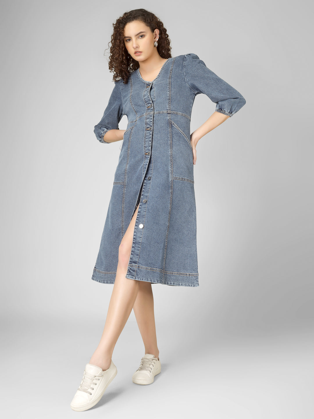 Classic Blue Denim Midi Dress with Front Buttons