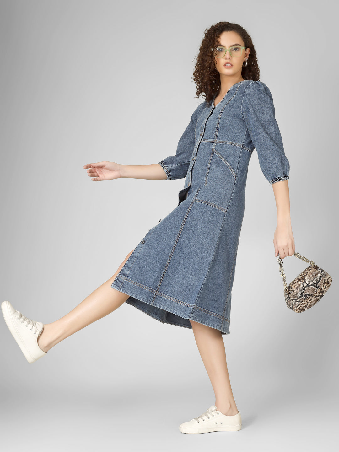 Classic Blue Denim Midi Dress with Front Buttons