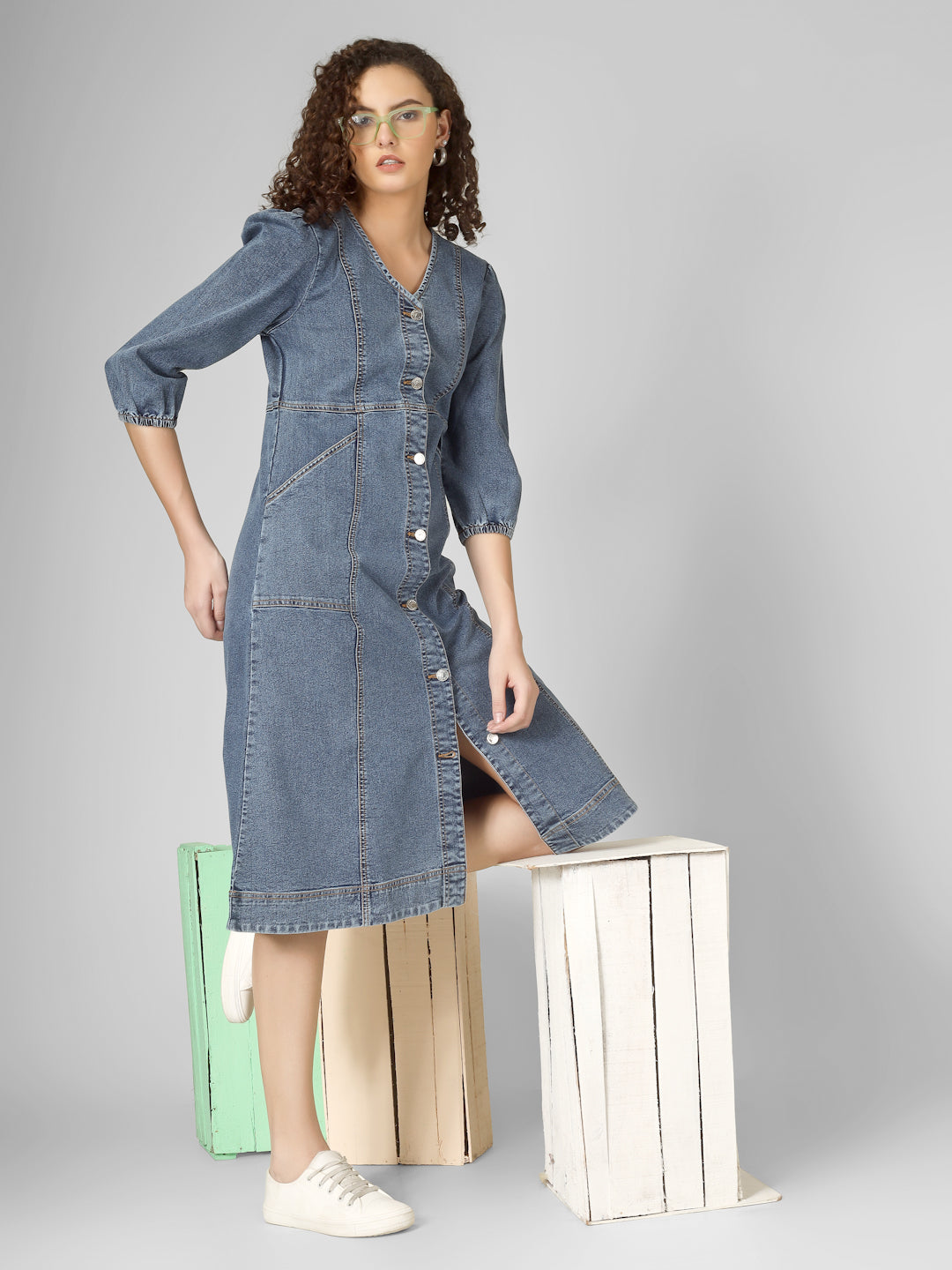 Classic Blue Denim Midi Dress with Front Buttons
