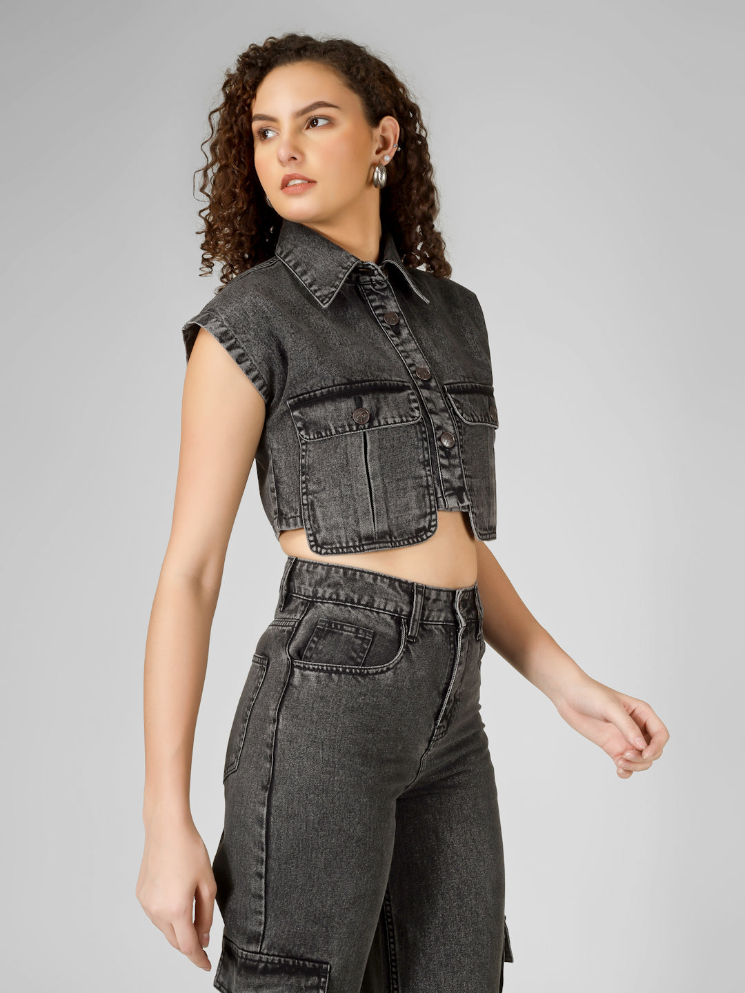 Charcoal Grey Cropped Denim Jacket with Cargo Jeans Set