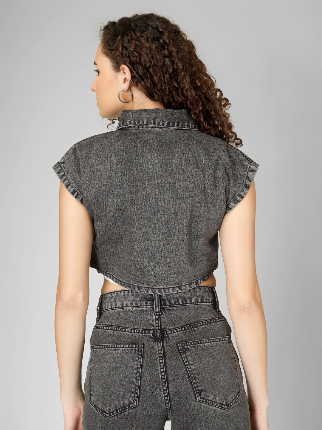 Charcoal Grey Cropped Denim Jacket with Cargo Jeans Set