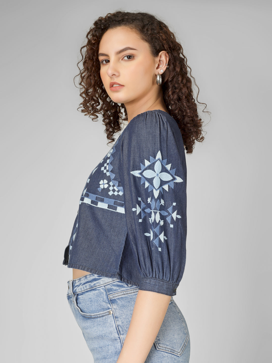 Indigo Embroidered Denim Crop Top