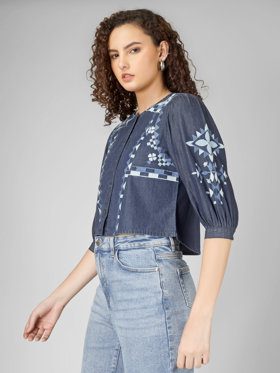 Indigo Embroidered Denim Crop Top