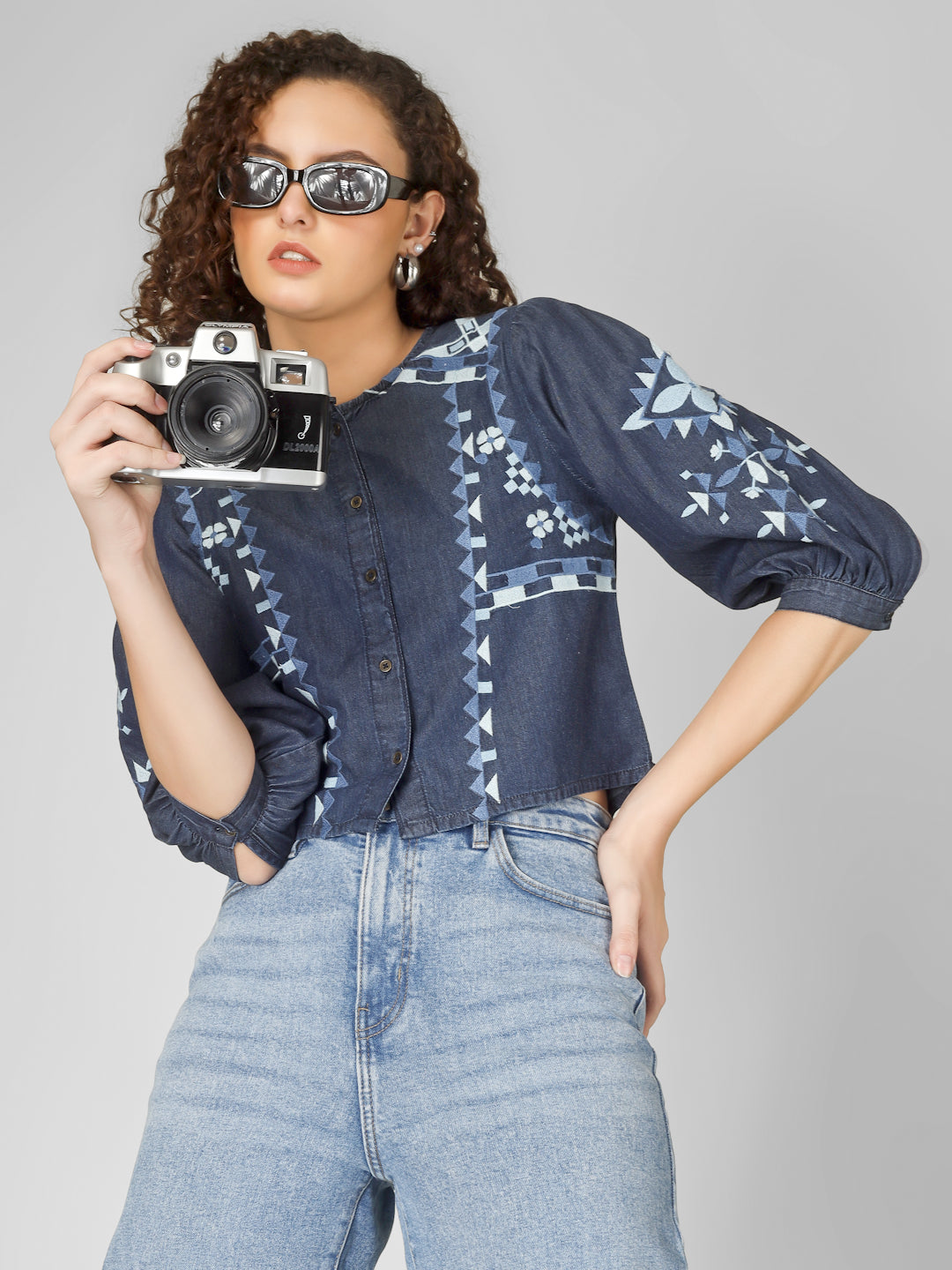 Indigo Embroidered Denim Crop Top