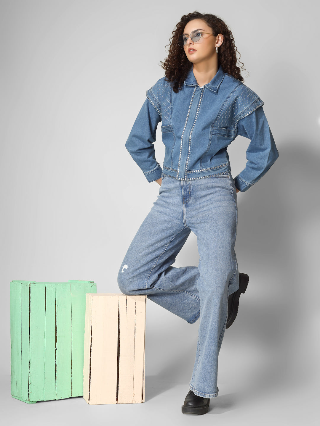 Studded Detail Cropped Denim Jacket