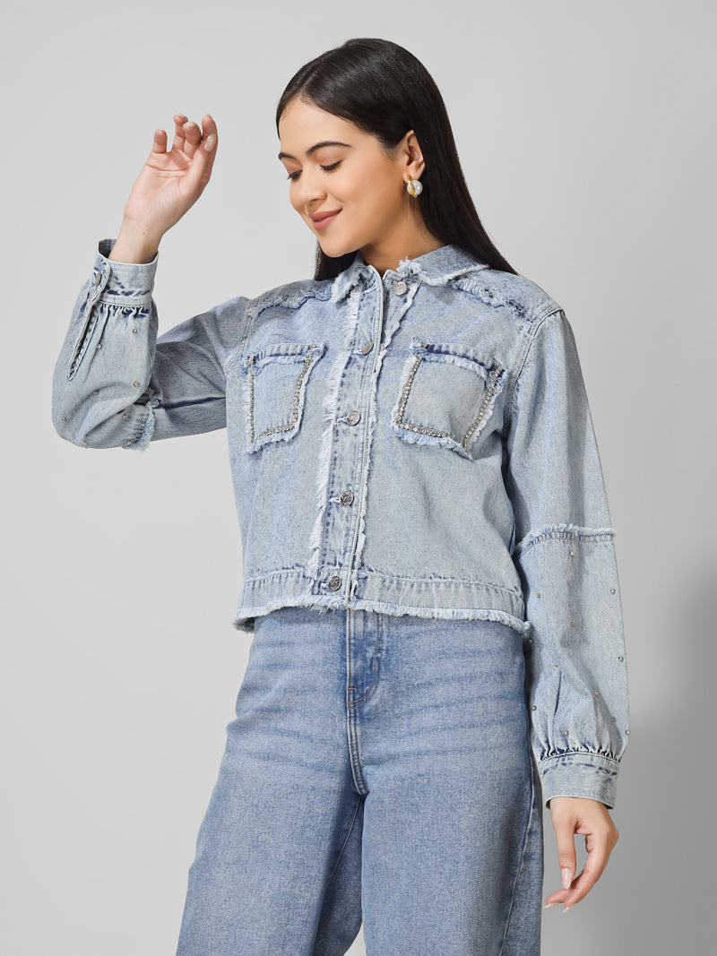 Light Blue Distressed Denim Jacket Women