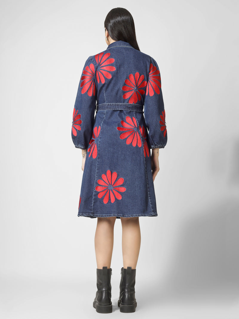 Dark Blue Floral Embroidered Waist Tie Denim Shirt Dress Women