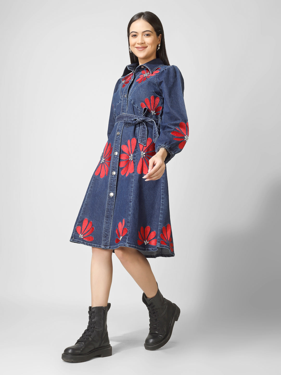 Dark Blue Denim Shirt Dress with Red Floral Embroidery & Waist Tie