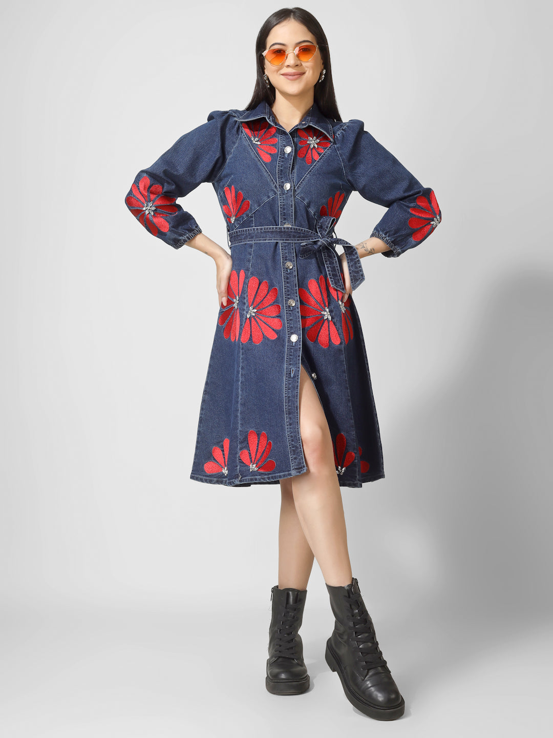 Dark Blue Denim Shirt Dress with Red Floral Embroidery & Waist Tie