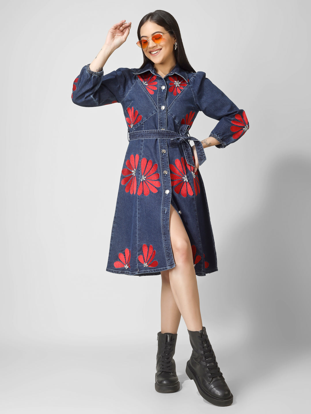 Dark Blue Denim Shirt Dress with Red Floral Embroidery & Waist Tie
