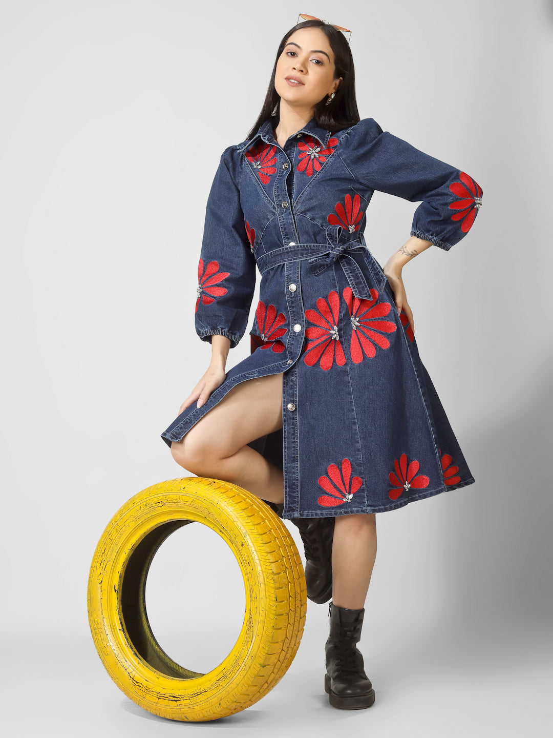 Dark Blue Denim Shirt Dress with Red Floral Embroidery & Waist Tie