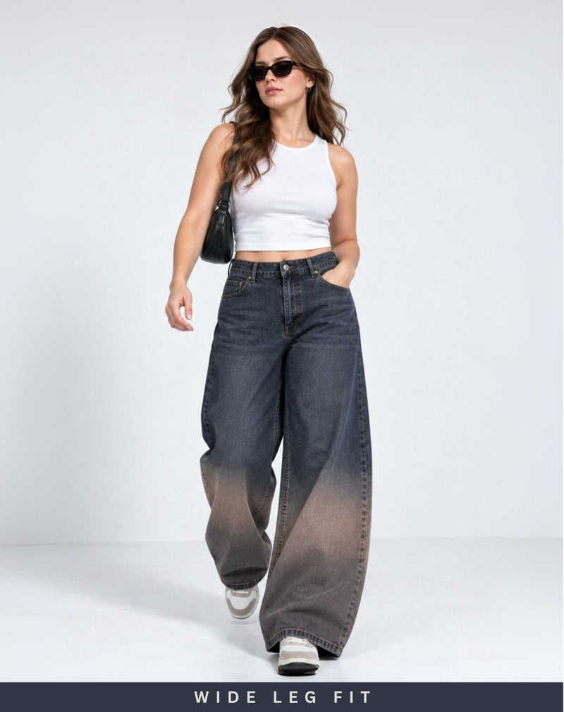 Women’s Blue Mid-Rise Wide Leg Washed Denim Jeans