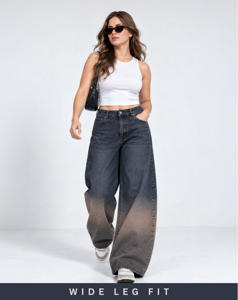 Women’s Blue Mid-Rise Wide Leg Washed Denim Jeans
