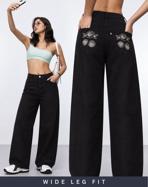 Women’s Black High-Rise Wide Leg Jeans with Floral Embroidered Pockets