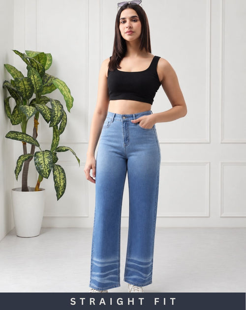Women’s Blue Mid-Rise Wide Leg Jeans with Whisker Wash Detail