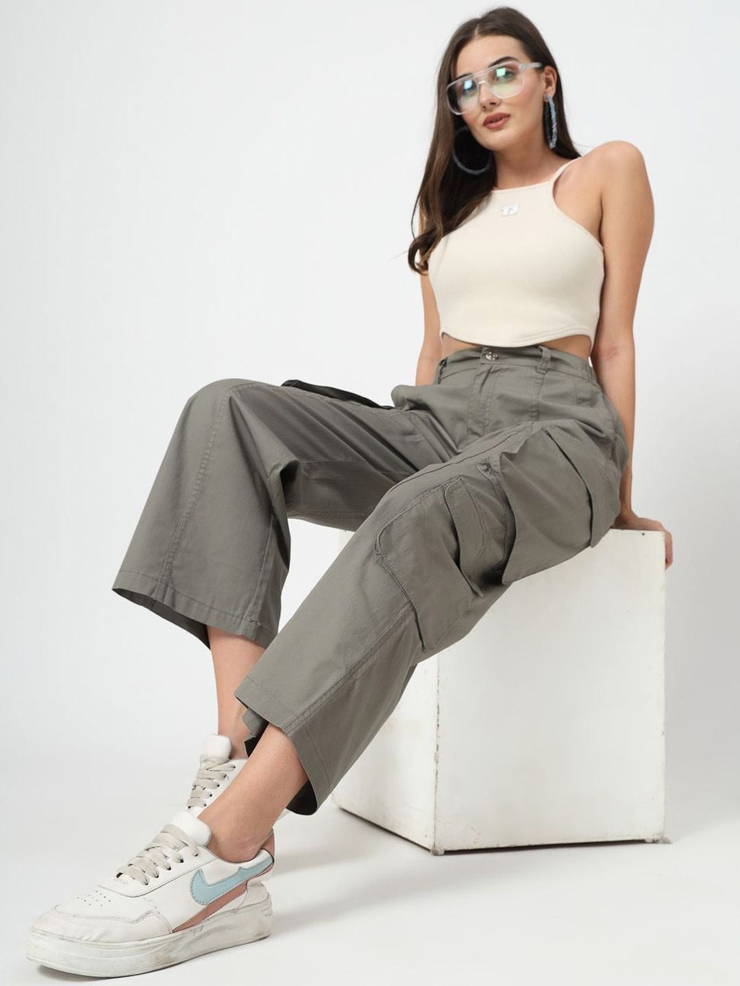 Olive Cotton Loose Fit Cargo Pants Women