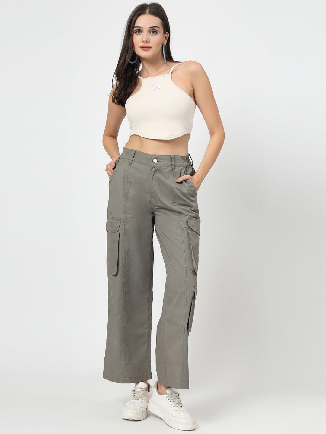 Olive Cotton Loose Fit Cargo Pants Women